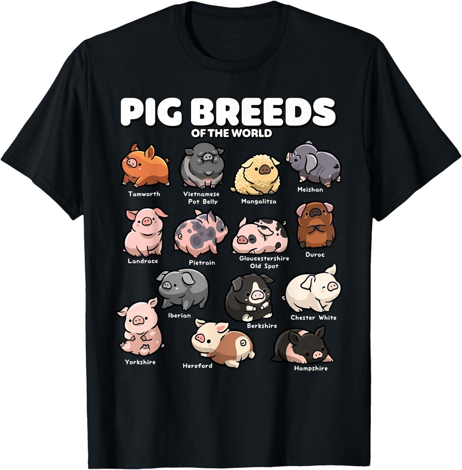 Cute Pig Breeds of The World Funny Farm Animal Lovers T-Shirt M