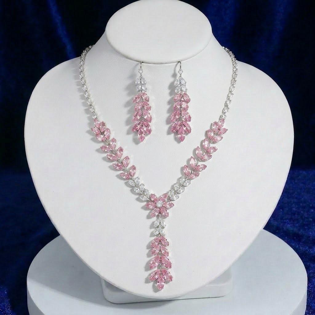 Trendy Zircon Wheat Ear Pink Tassel Jewelry Set – Earrings, Necklace, Clavicle Chain