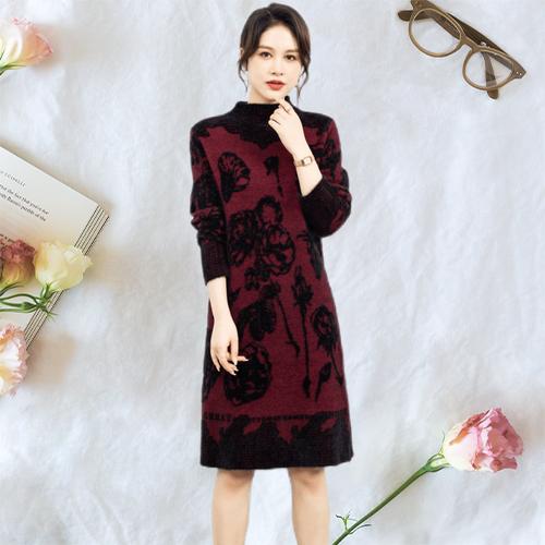 Women's Plus-size Sweater Dress Autumn Winter Fleece Mid-length Straight Knitted Dress Printed Flocking High-neck Skin-friendly Knitted Dress