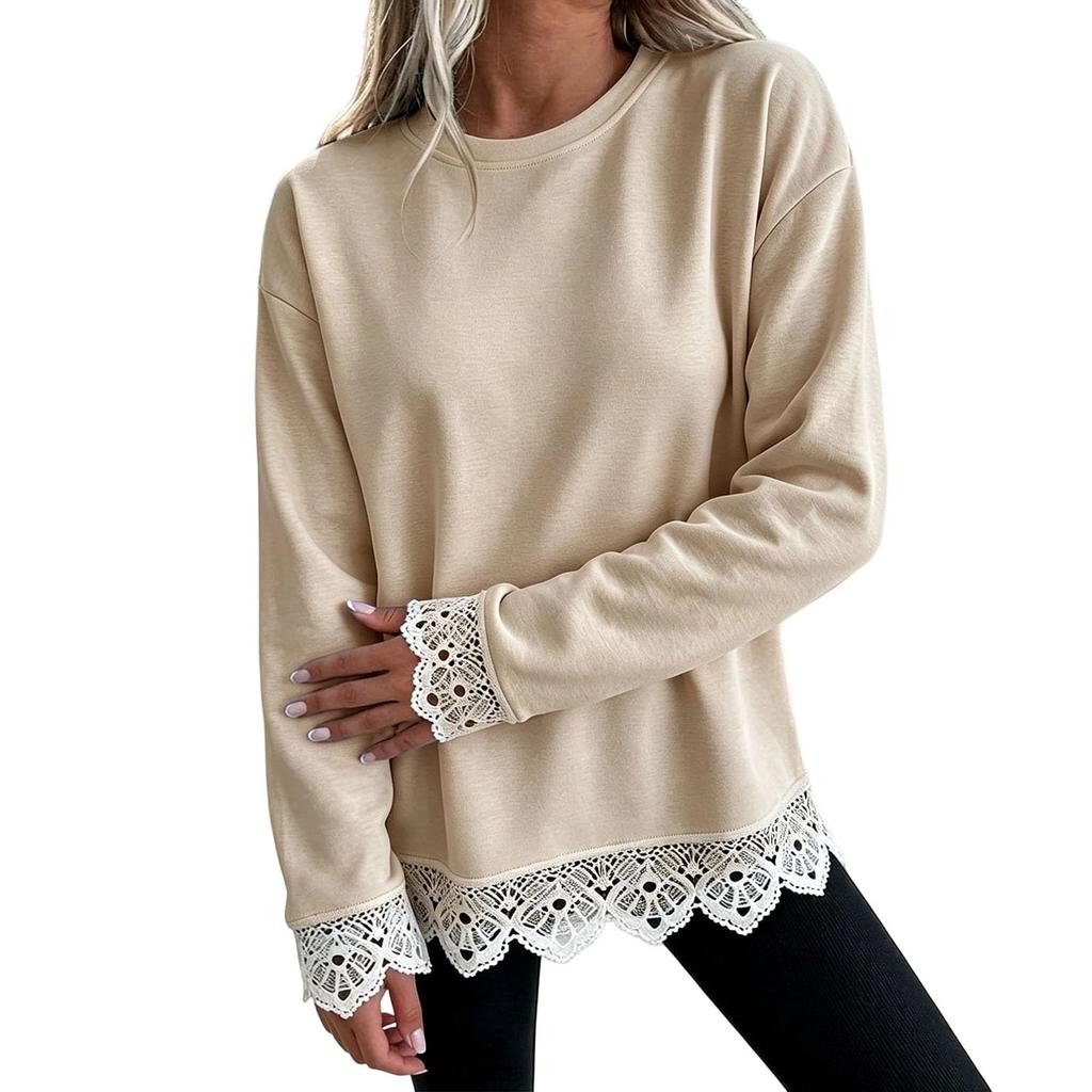 Damen Freizeit-Sweatshirt mit muschelförmigem Wellensaum und Spitzenkragen