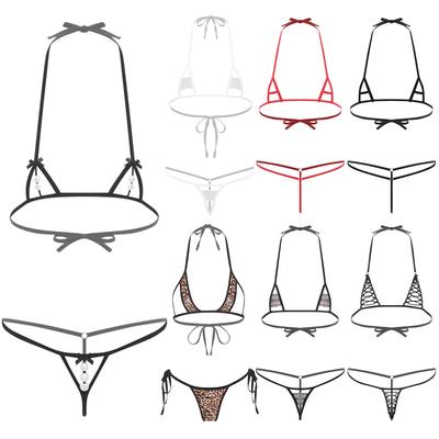 Damen Mikro Bikini Set Ausgeschnittene Cups Neckholder BH Oberteil mit T-Rücken G-String String Unterwäsche für Schwimmen Strand