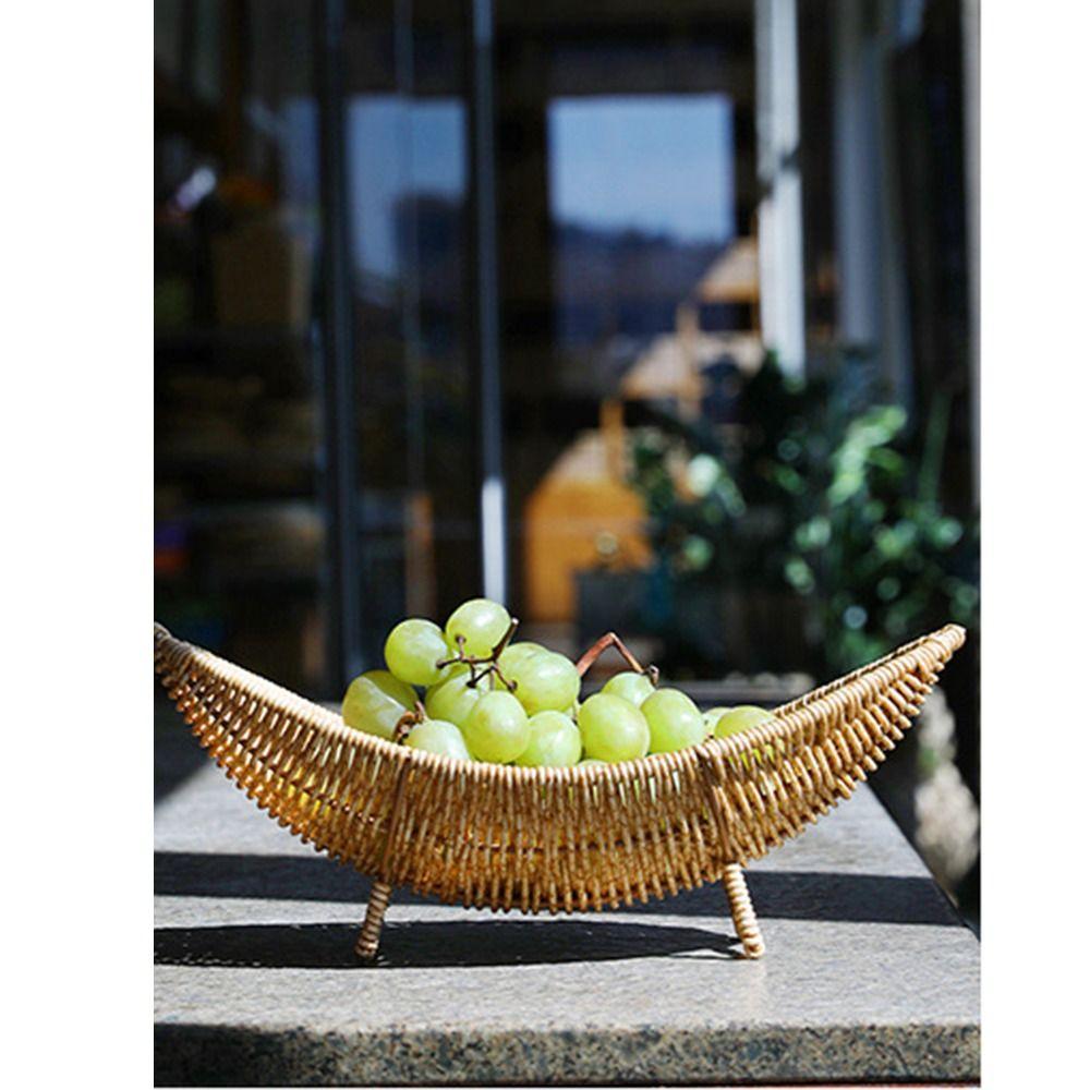 Boat Shape Woven Snacks Serving Tray Handwoven Plastic Braided Fruit Organizer Food
