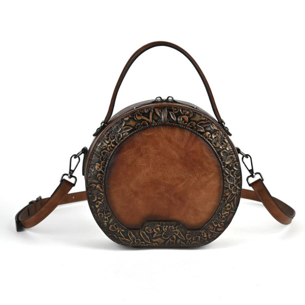 Chinese Style Round Crossbody Bags Women Embossing Shoulder Bags Large Capacity Pu Leather Vintage Handbags For Work Shopping
