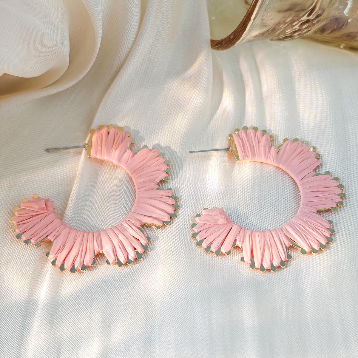 Colorful Raffia Geometric C-Shaped Metal Stud Earrings