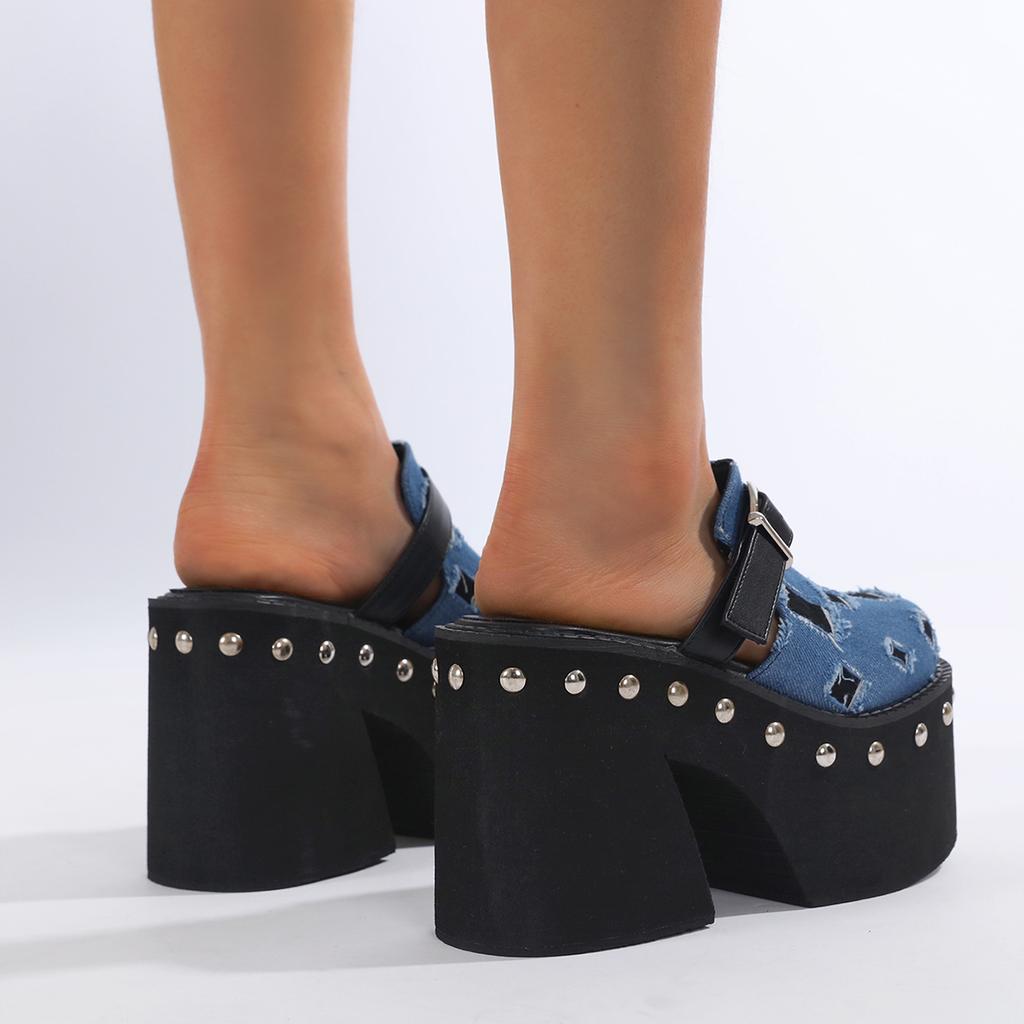 Fashion Denim Blue Solid Platform Rivets Women Slippers Fashion Design Thick Bottom High Heels Shoes Summer Party Dress Zapatos Mujer