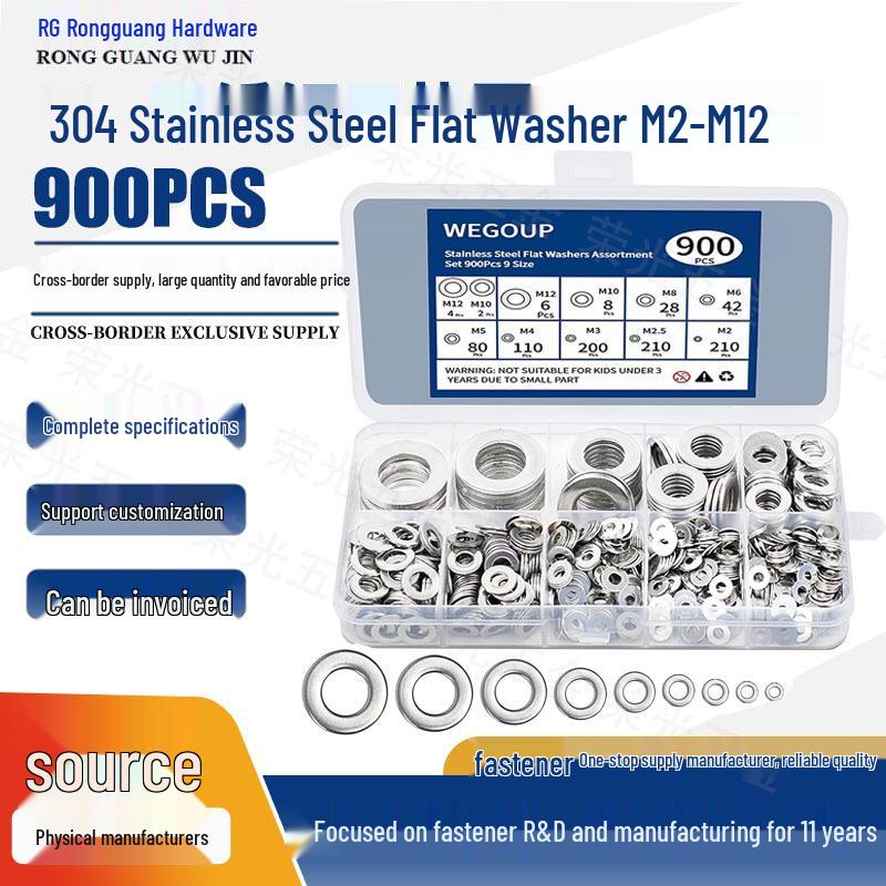 

900pcs Anti-slip Flat Washers, 304 Stainless Steel, M2-M12 Screws & Bolts