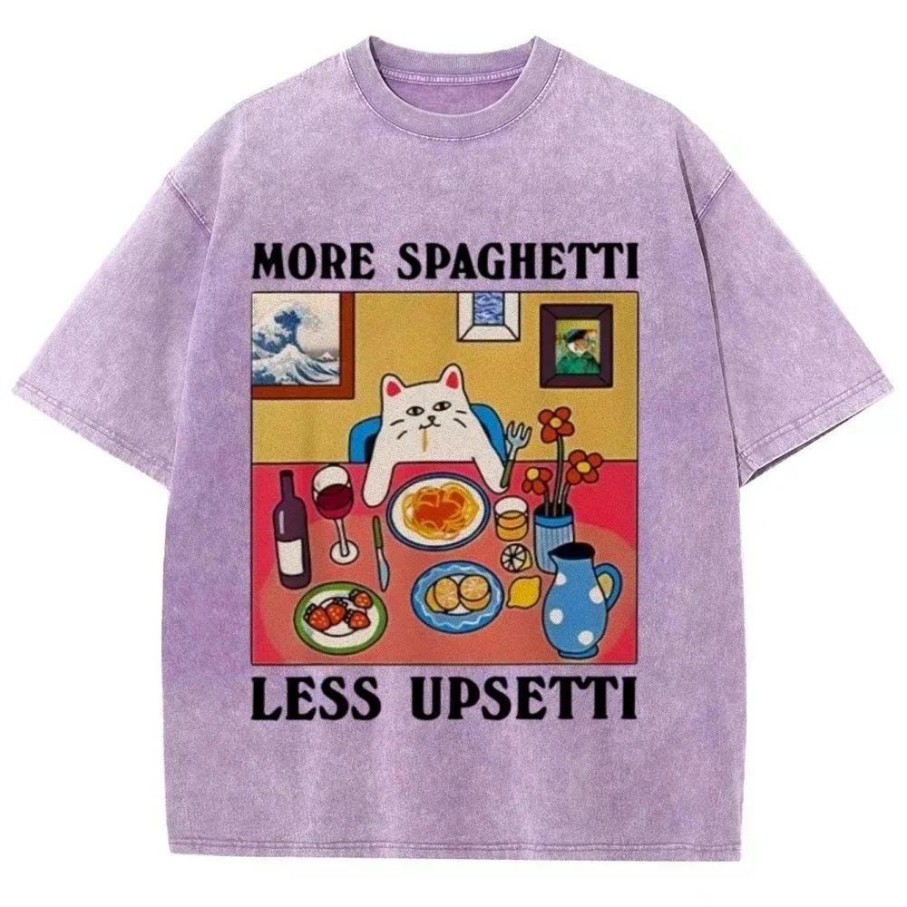 Più Spaghetti Meno Preoccupazioni T-shirt Stampata Lavata Streetwear Hip Hop Moda T-shirt Magliette Top per Uomo Oversize 100% Cotone