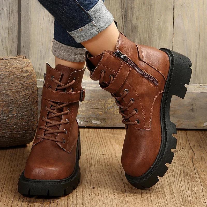 

Fashion Retro Thick Bottom Brown Ankle Boots Women 2025 Winter Metal Buckle Decoration Combat Boots Plus Size Woman Shoes with Platform 43 светло-коричневого