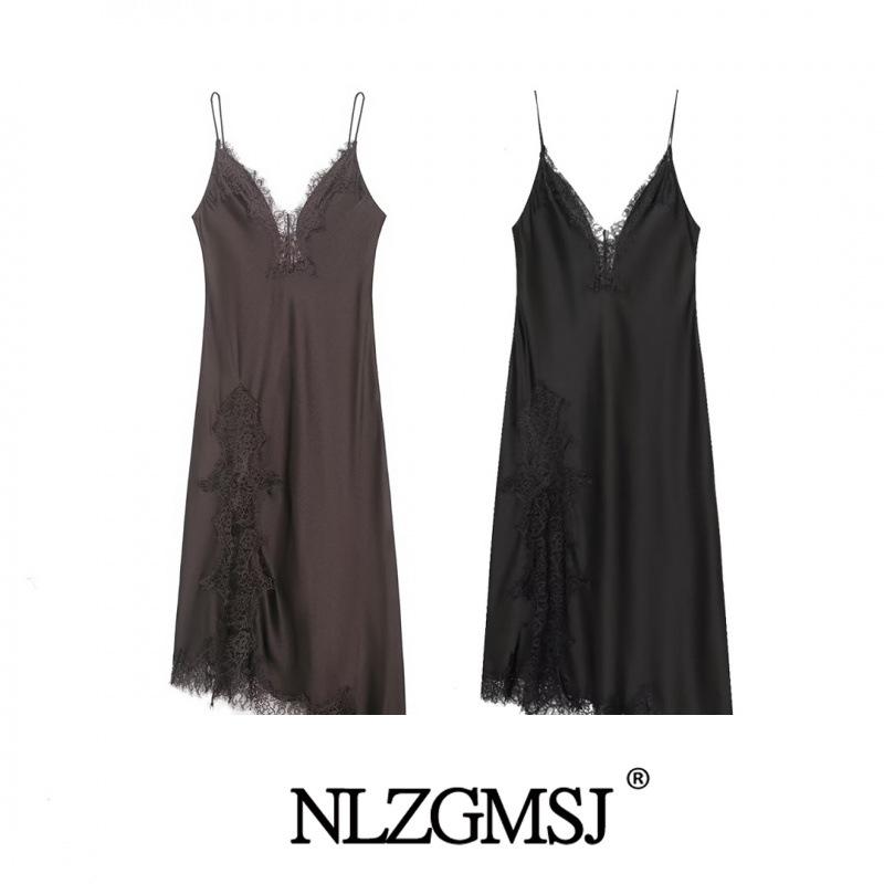 2025 Winter European & American Style Lace Trim Silk Satin Dress Large