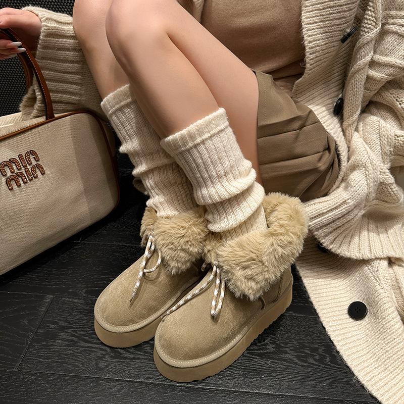 Strap thick-soled heightening snow boots women's fleece warm Northeast large cotton boots fluffy short boots