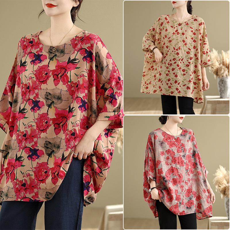 Summer New Artistic Plus Size Loose Print Round Neck Three Quarter Sleeve T-shirt