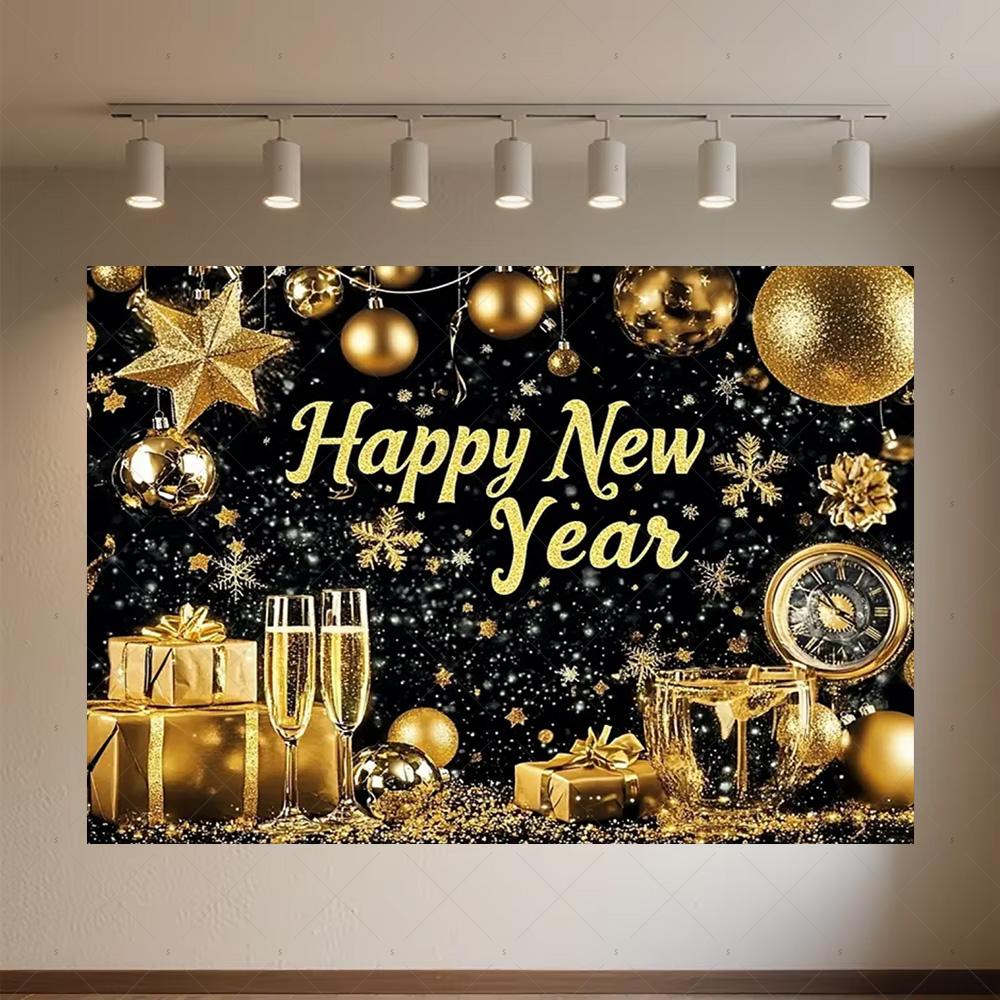 Black Gold New Year Background Banner Glitter 2026 Happy New Year Backdrop Supplies Balloons New Year Party Decoration Gifts
