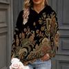 Women Plus Size Black Paisley Printed Long Sleeve Drawstring Hoodie With Kangaroo Pocket