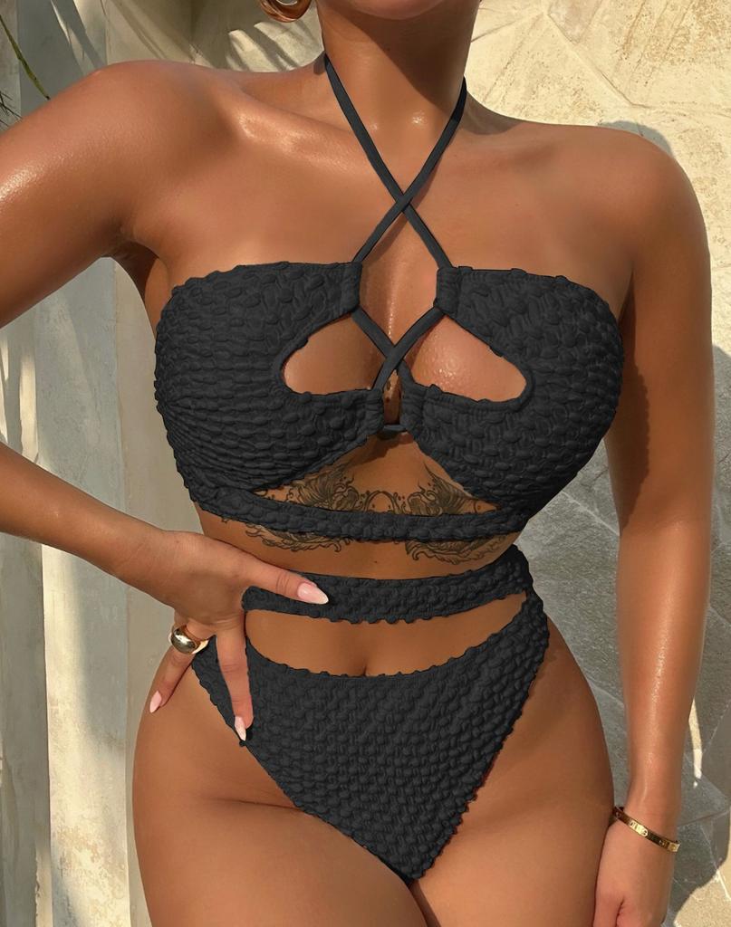 Damen Badeanzug Einfarbig Neckholder zum Binden Hohe Taille Getrennter Badeanzug Bikini Strandbekleidung Badeanzüge