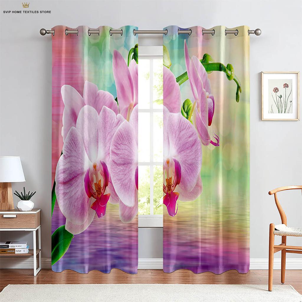 3D Printing Polyester Decorative Curtain, Floral Butterfly On Water, Machine Washable, Bedroom, Living Room, Kitchen, 2Pcs