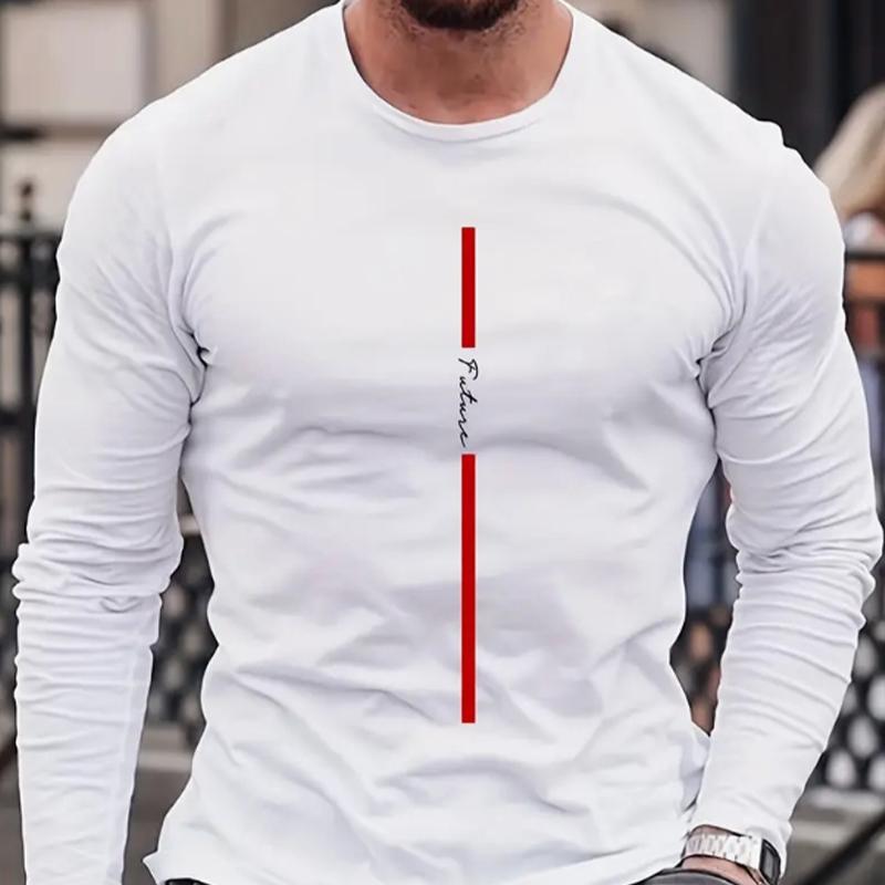 Minimalist Red Line Print Men's Tshirts Long Sleeve Tees Round Neck Casual Pullover Men's Clothing Plus Size