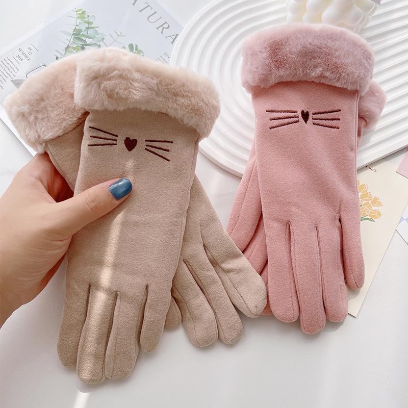 Female thickened cute winter lady riding windproof and cold-proof velvet five-finger riding