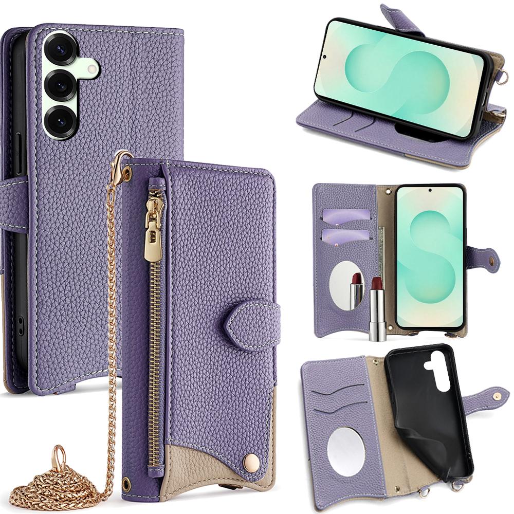 

For Samsung Galaxy S25+ Wallet Case Fishtail Design Leather Phone Cover with Mirror/Stand/Strap A