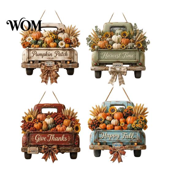 Retro Pickup Truck Decor for Home Harvest Pumpkin Hanging Sign Front Door, Wooden Fall Door with Decorative Holiday Wall Plaque Hemp Rope, Distressed