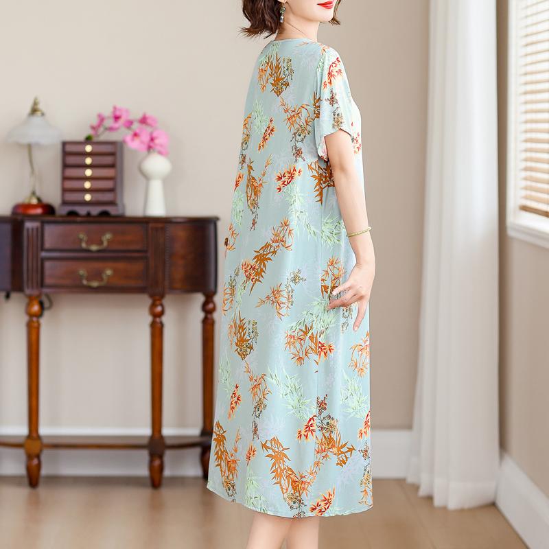 Elegant Long Dresses for Women Plus Size Loose Short Sleeve Vintage Dress Summer Middle-aged Women's Clothing
