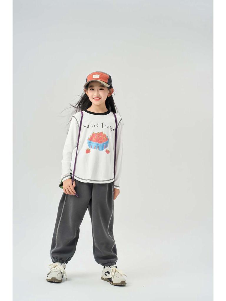 Autumn Kids' Color Block Cartoon Linen T-Shirt - Boys & Girls Long Sleeve Crew Neck