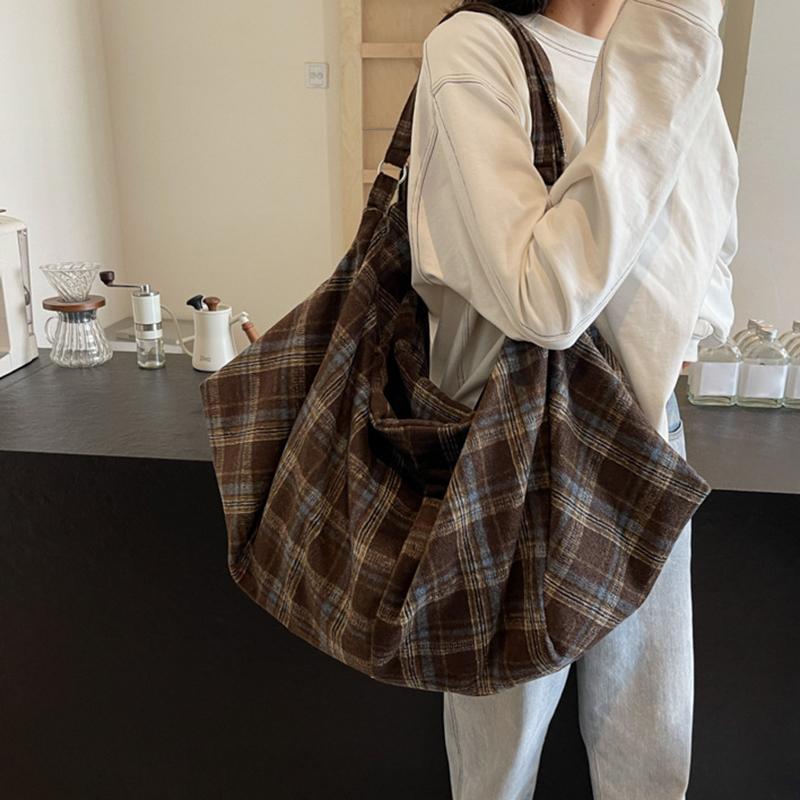 Chic Plaid Nylon Large Capacity Tote Bag Women Casual Top Handle Hobo Shoulder Shopper with Fixed Strap For Daily Work CLE