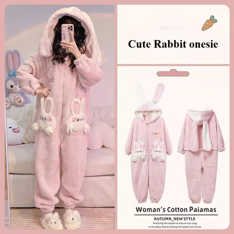 Winter Soft Girl Rabbit Pajamas Thickened Coral Fleece Cute One-piece Pajamas Girl Cartoon Ins Loungewear Nightgown