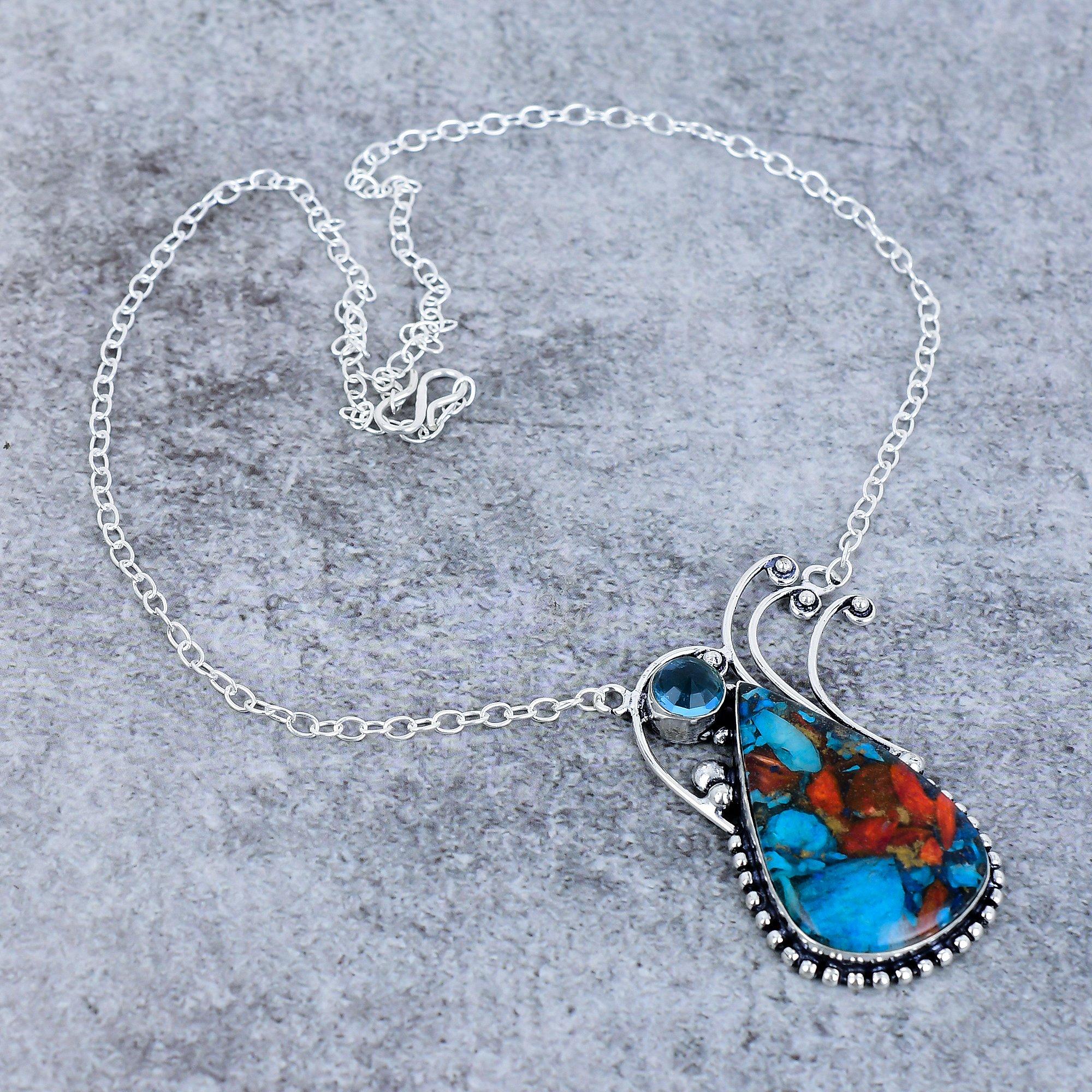 

Spiny Oyster, Blue Topaz Gemstone 925 Sterling Silver Jewelry Necklace 18 M-2767