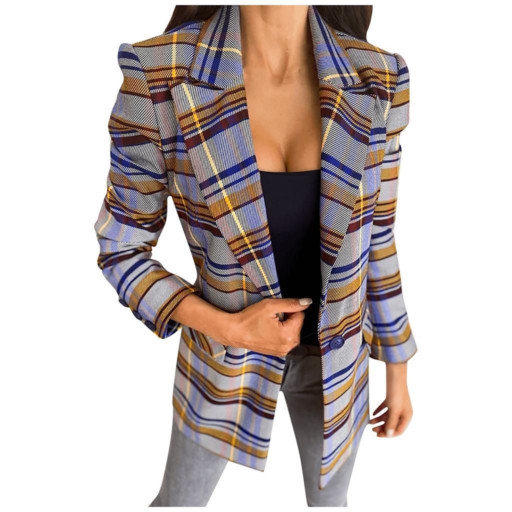 Damen Karomuster Offener Cardigan Formeller Anzug Langarm Bluse Mantel