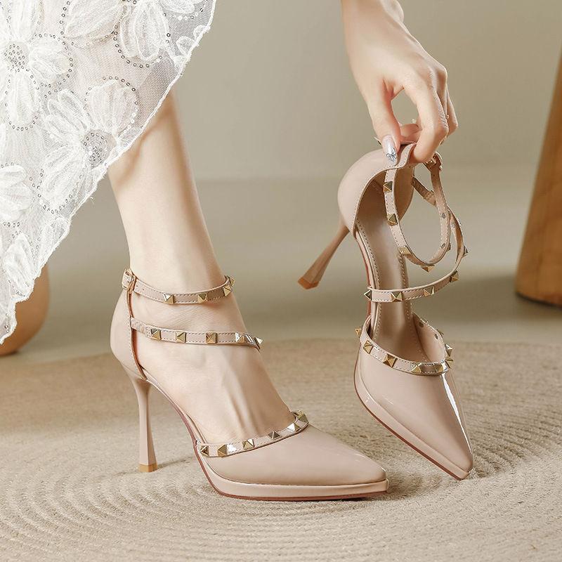 Fashion Stiletto Sandals Summer New Sharp Head Shallow Mouth Color Rivets Metal One-line Buckle Anti-slip Wear-resistant High Heels