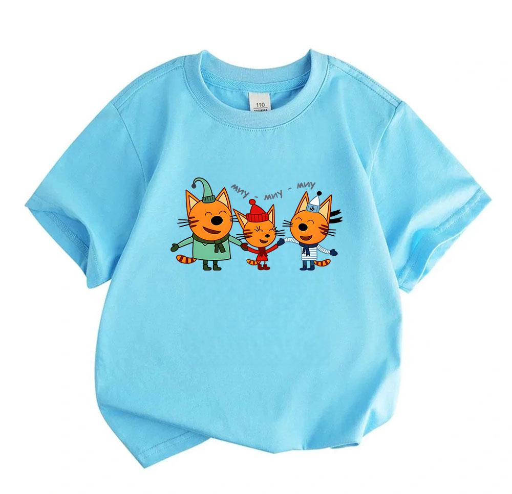 Toddler Boys Girls 100% Cotton O-neck Short Sleeve T-Shirt, Cute Orange Cartoon Cats Singing Pattern Casual Soft Breathable Tee for Kids Daily Wear Ho