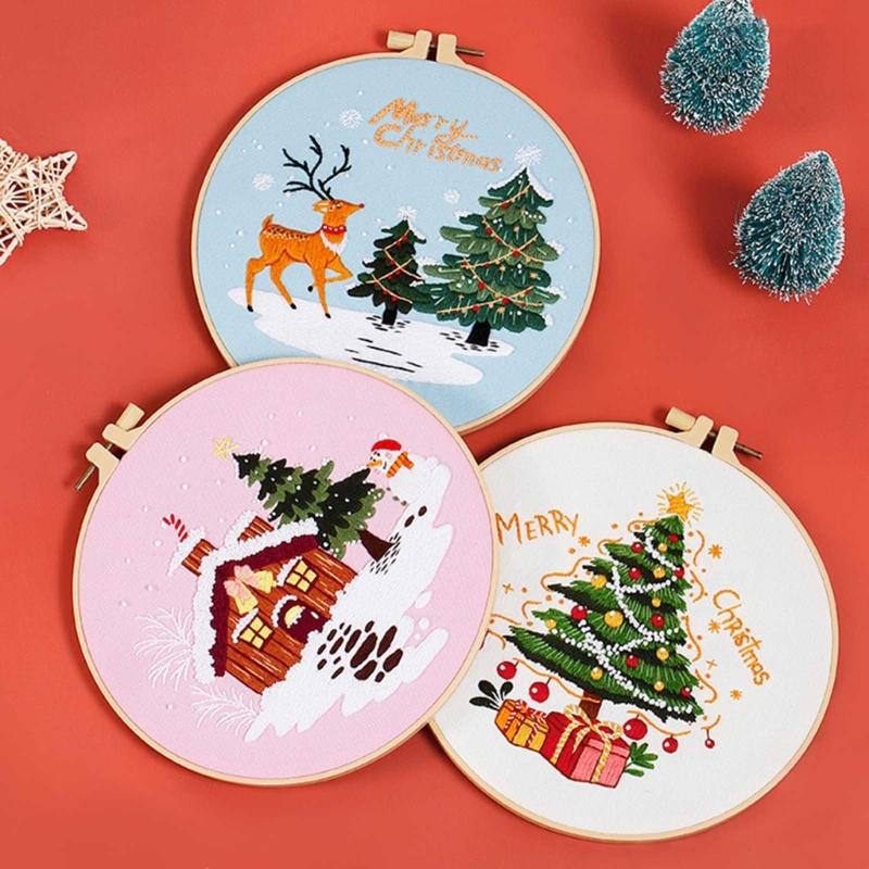 Christmas Pattern CrossStitch Kits Embroidery Starter DIY Kits with Embroidery Clothes Hoop Thread Needle for Beginner