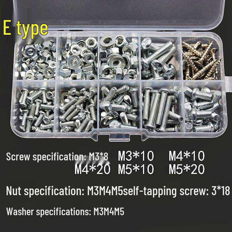 Round Head Phillips Machine Screws & Nuts Set with Flat Washers – Multi-Size Household DIY Box with Complete Specifications