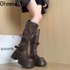 Winter Vintage Punk Style Woman Knee High Boots Fashion Belt Buckle Slip On Shoes Female Thick Bottom Knight Long Booties Shoes