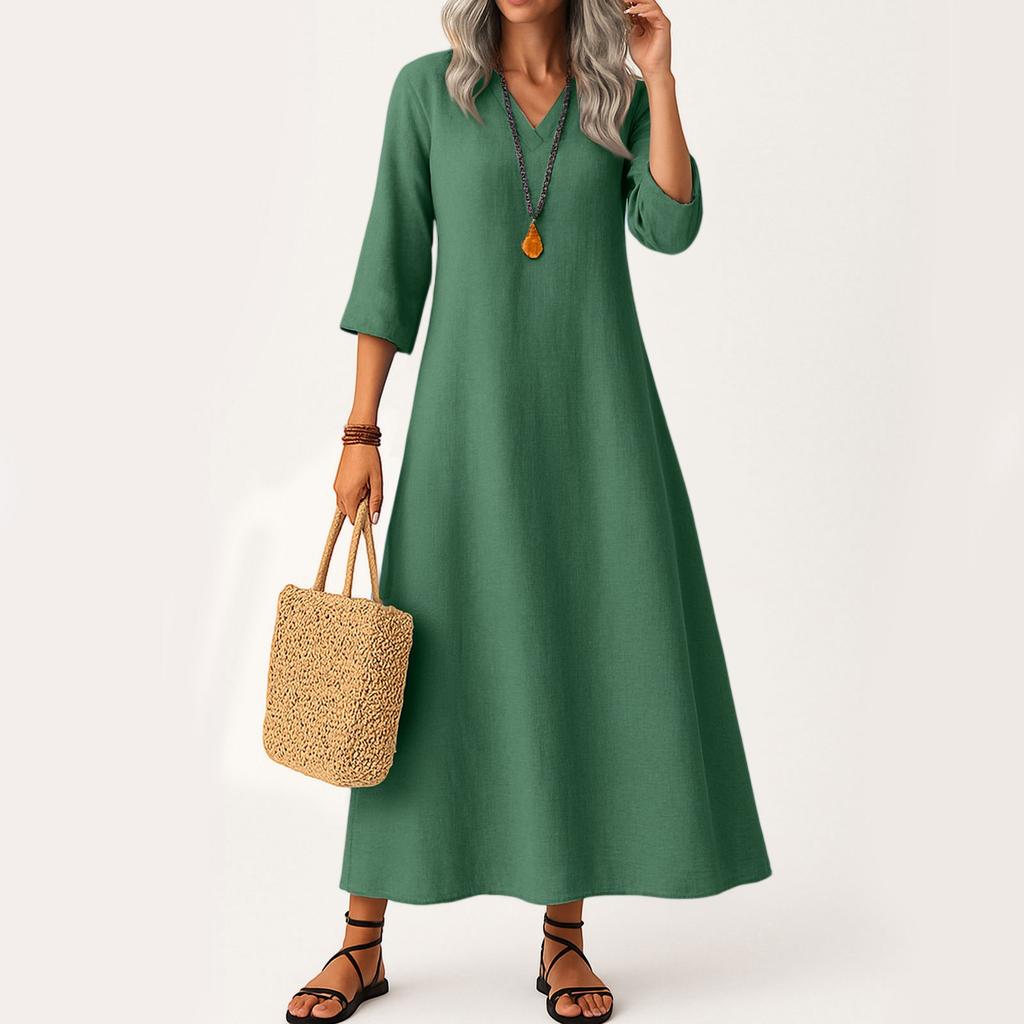 Dress For Women Long Boho Beach Dress Elegant Maxi Dress V-Neck 3/4 Sleeve Dress With Pockets