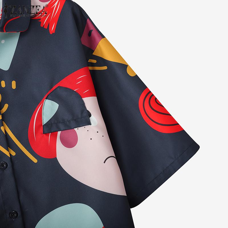 ZANZEA Women Summer Cartoon Print Short Sleeve Shirts