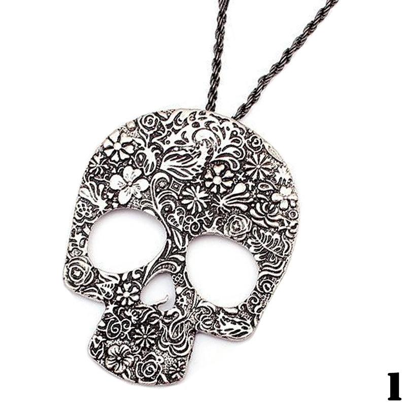 Women's Vintage Gothic Carved Flowers Skull Pendant Chain Necklace Long Sweater Chain Fashion Jewelr