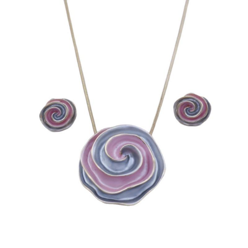 New enamel rose stud earrings pendant set women's fashion high sense geometric flower necklace