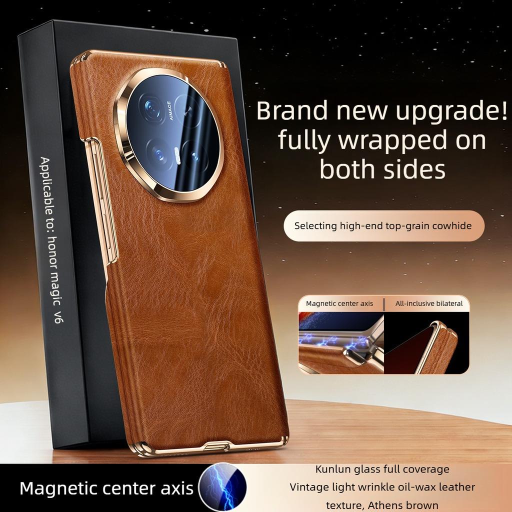 [[Dual-axis Protection] for Honor Magic V6 Case Luxurious Genuine Leather for Magsafe Wireless Charging Premium Back Phone Case