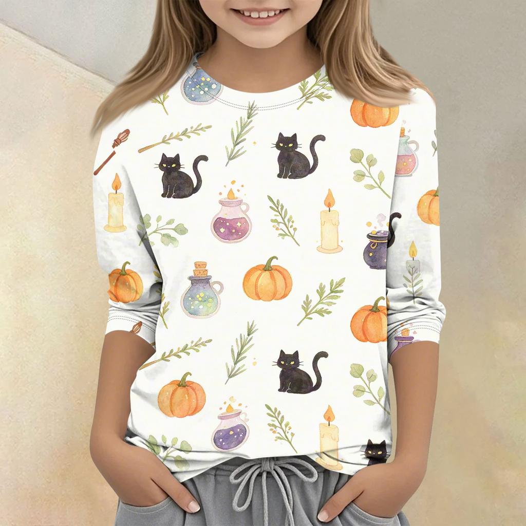 Kids Halloween Print Crew Neck Three Quarter Sleeve Casual T Shirt Top Boys Girls Comfortable Fit Lightweight Fabric