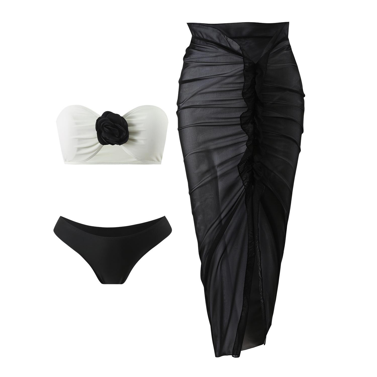 European and American color-blocked sexy rose three-piece set, mesh long skirt, swimsuit, bikini, bikini S