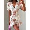 Women Sexy Flora Painted Ruffle Slim Dress Chic Deep V-neck Double Layered Ruffled Hem Dresses Lady New Daily Party Gowns
