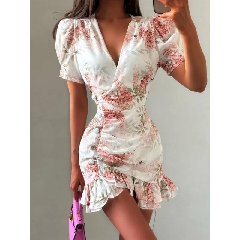 Women Sexy Flora Painted Ruffle Slim Dress Chic Deep V-neck Double Layered Ruffled Hem Dresses Lady New Daily Party Gowns