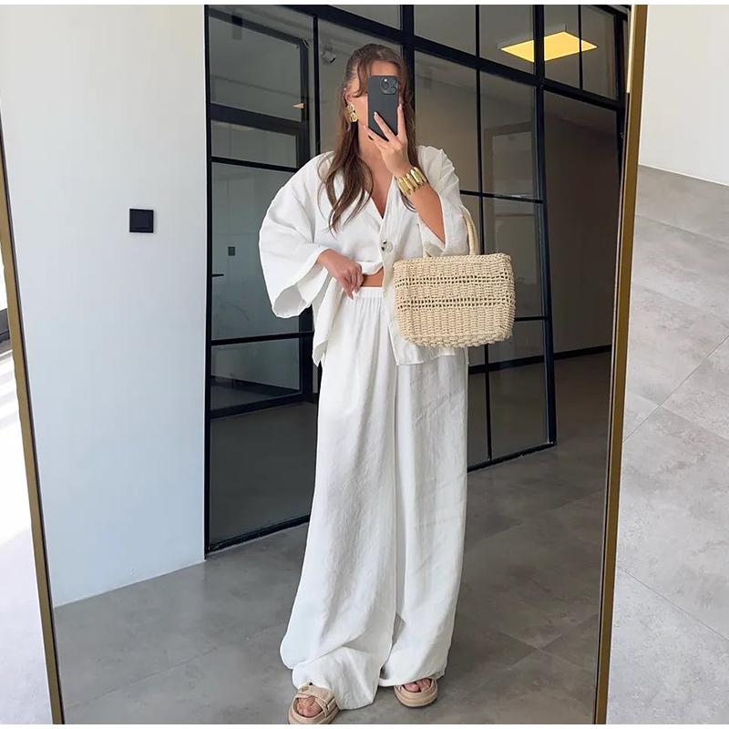 Cotton Linen Pants Suits Women 2-piece Set Loose V-neck Top with Elastic High Waist Wide Leg Pant No Pocket Commut Casual 2025 Spring Summer