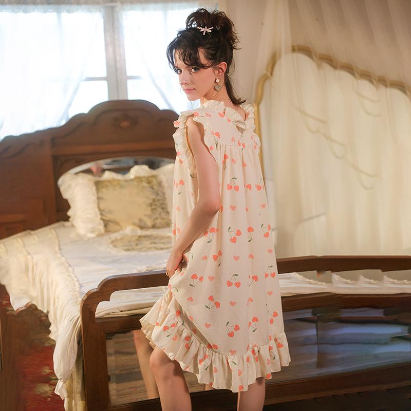 French Sweet Girl Cherry Print Sleeveless Long Cotton Nightgown