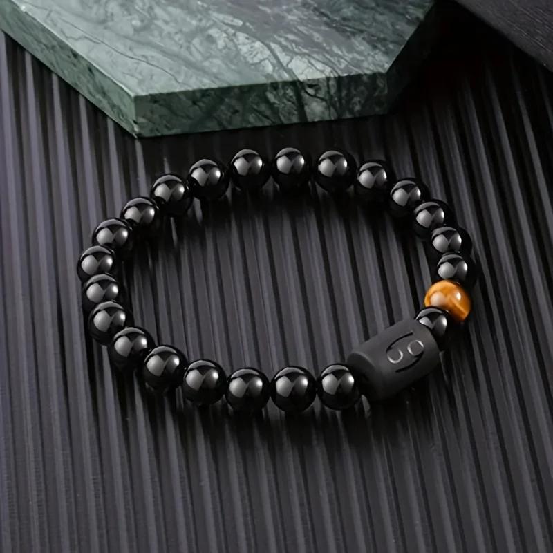 New Twelve Constellation Stretch Bracelet Male Simple Obsidian Engraved Couple Beaded Fashion Commuter Bangle Natural Stone