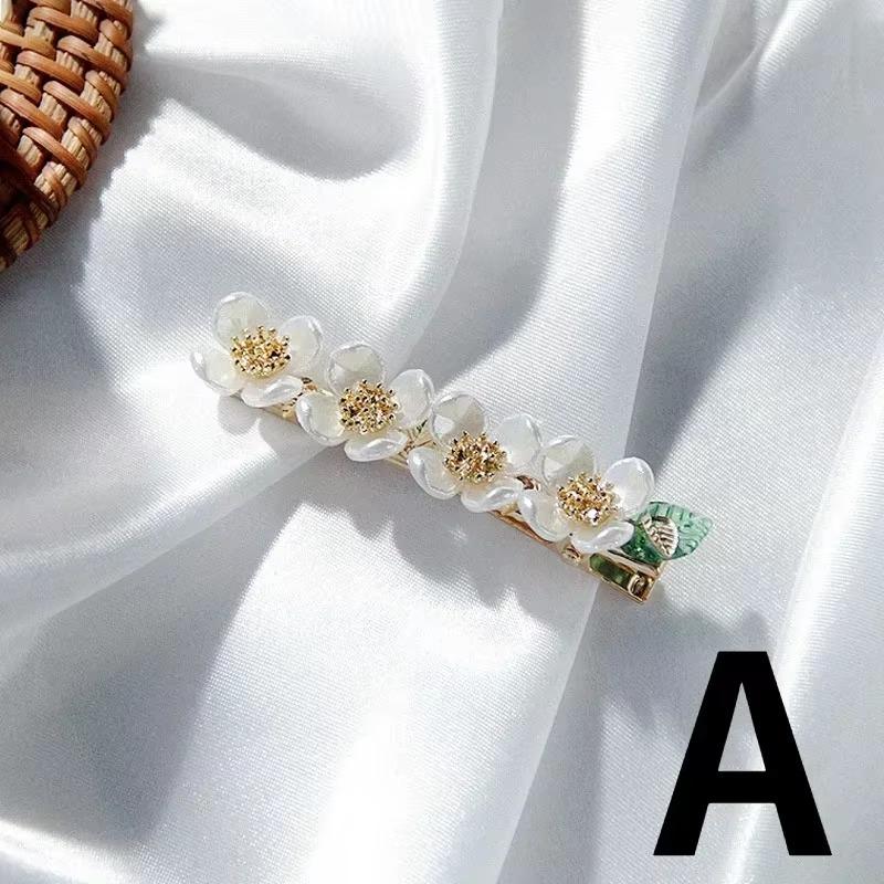 New Fashion White Flowers Leaves Pearl Hairpin Cute Romantic Golden Spring Duckbill Clip Barrette Hair Jewelry Hair Accessories