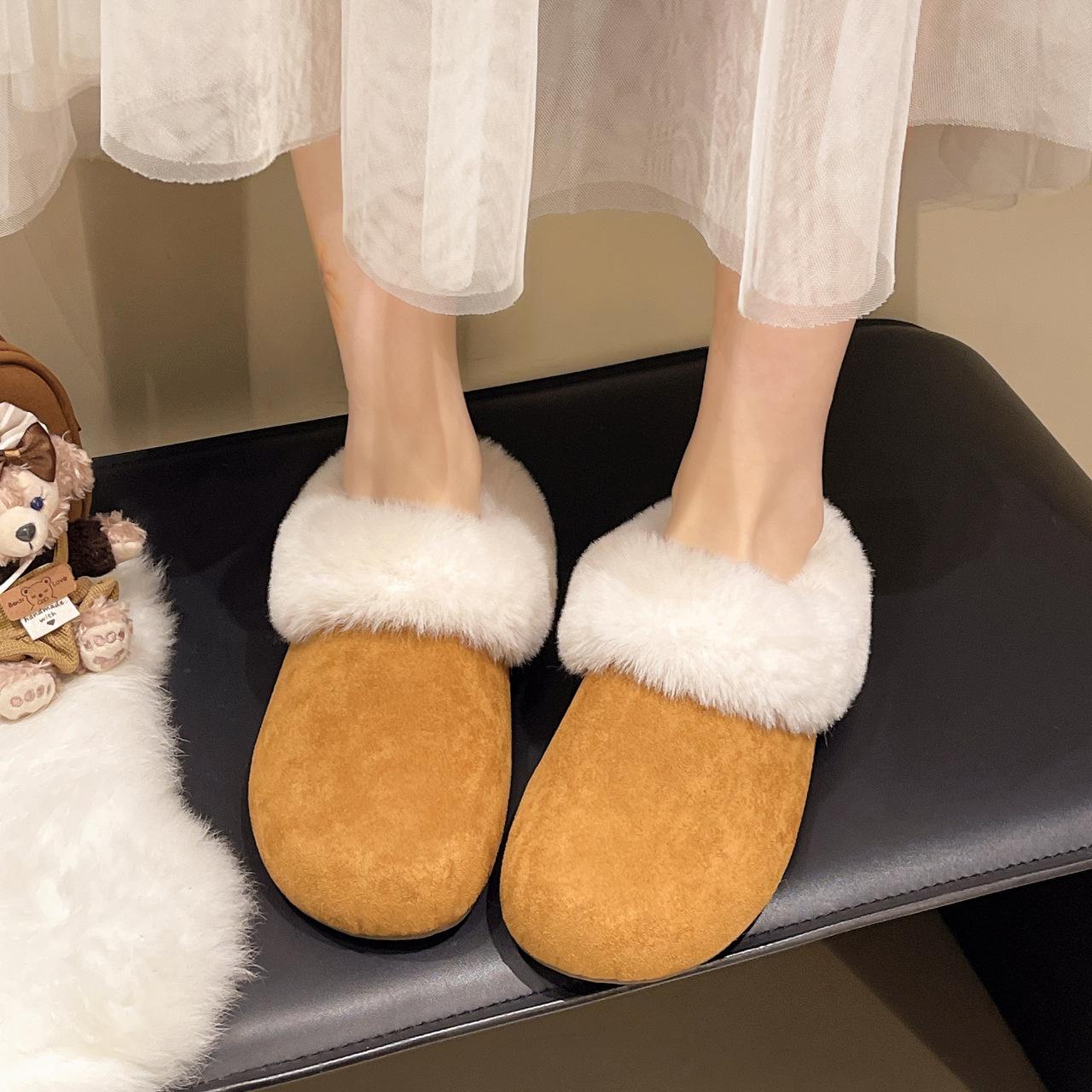 

Birkenstock fluffy slippers for women to wear new autumn and winter one-pedal plush shallow mouth warm bag head half-towed cotton slippers 42 верблюд