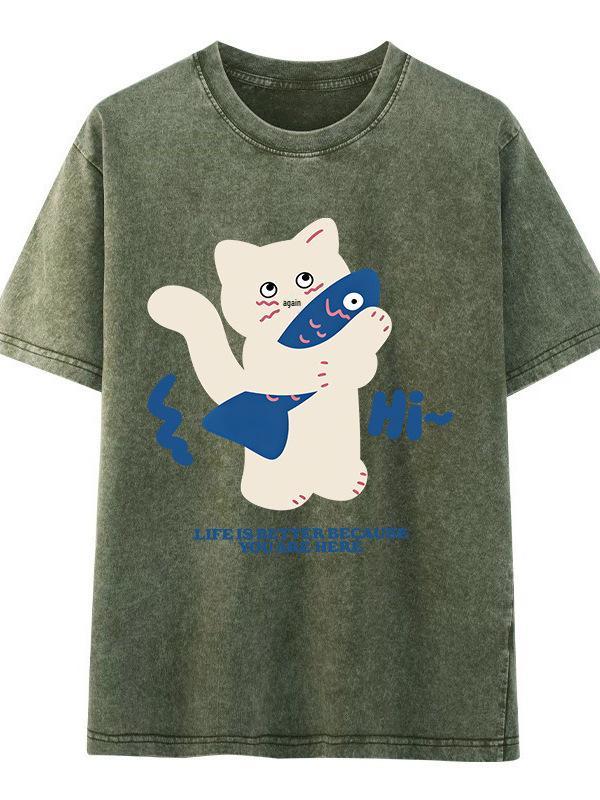 

2026 Summer American Retro Men’s Washed Short Sleeve T-shirt - Trendy Loose Fit with Vintage Print 2XL темно-зеленого