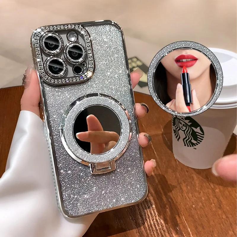 Luxury Diamond Clear Glitter Magnetic Case For iPhone17 16 15 13 11 Pro Max 14Plus Mirror Magnetic Phone Holder Stand Soft Cover